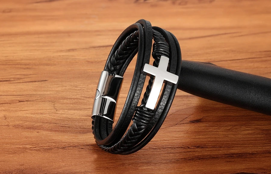 Braided Leather Cross Bracelet