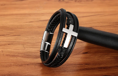 Braided Leather Cross Bracelet