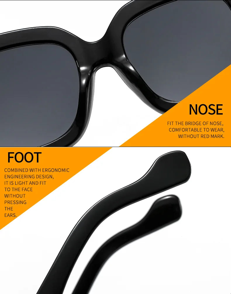 Black sunglasses with detailed text on an orange and white background