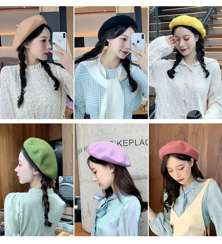 Collage of a woman wearing different coloured berets in various settings.