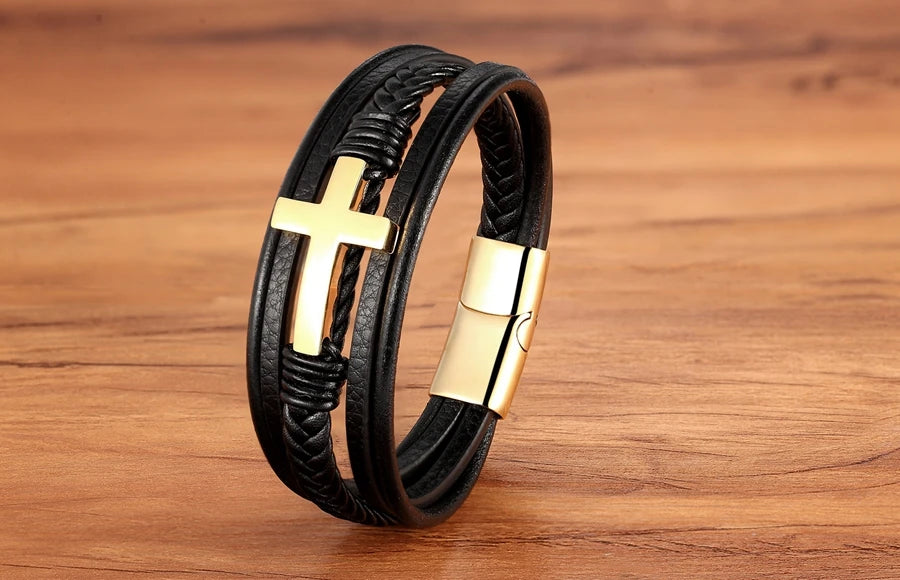 Braided Leather Cross Bracelet