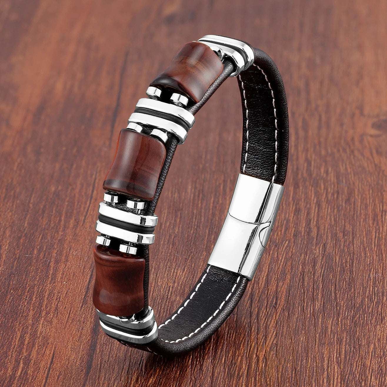 Natural Stone Tiger Eye Leather Bracelet