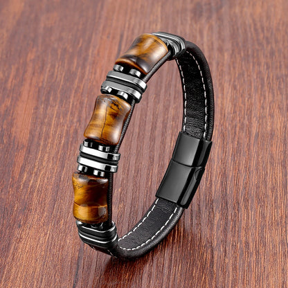 Natural Stone Tiger Eye Leather Bracelet