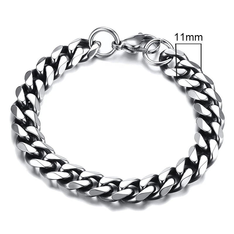Curb Link Chain Stainless Steel Bracelet in Vintage Silver - 11mm