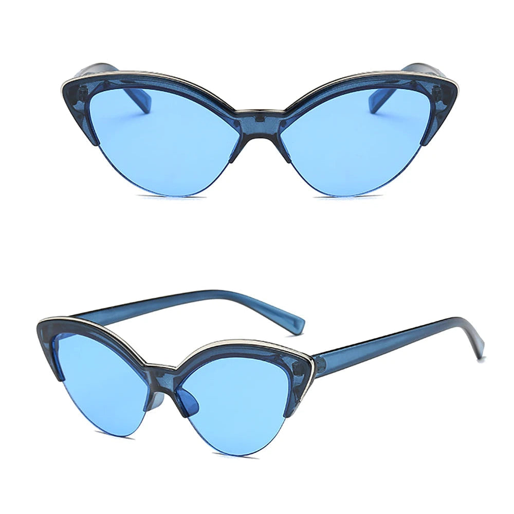 Blue cat-eye sunglasses with a white background