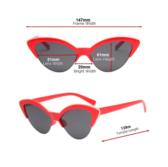 Red sunglasses with product parameters on a white background