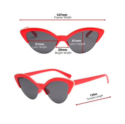 Red sunglasses with product parameters on a white background