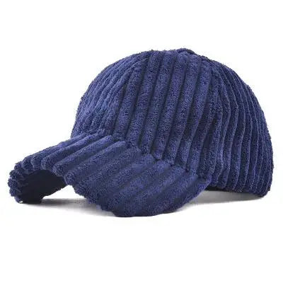 Navy blue baseball cap with ribbed design on a white background