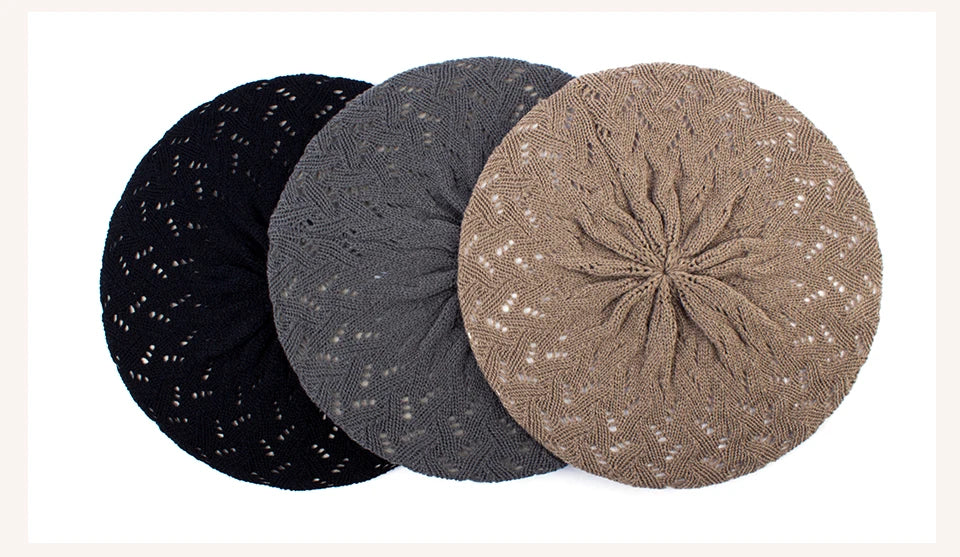 Three knit berets in black, grey, and brown on a white background