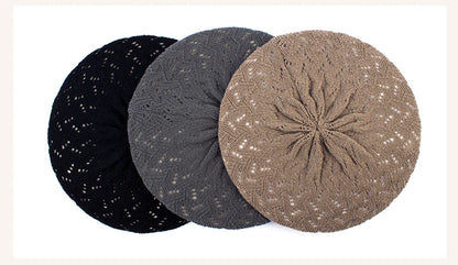 Three knit berets in black, grey, and brown on a white background