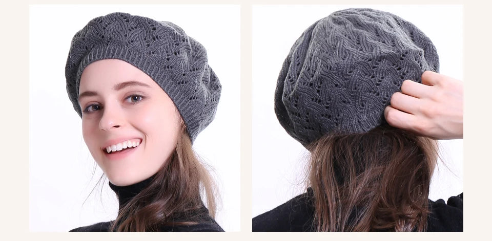 Two views of a person wearing a grey knit beanie on a white background