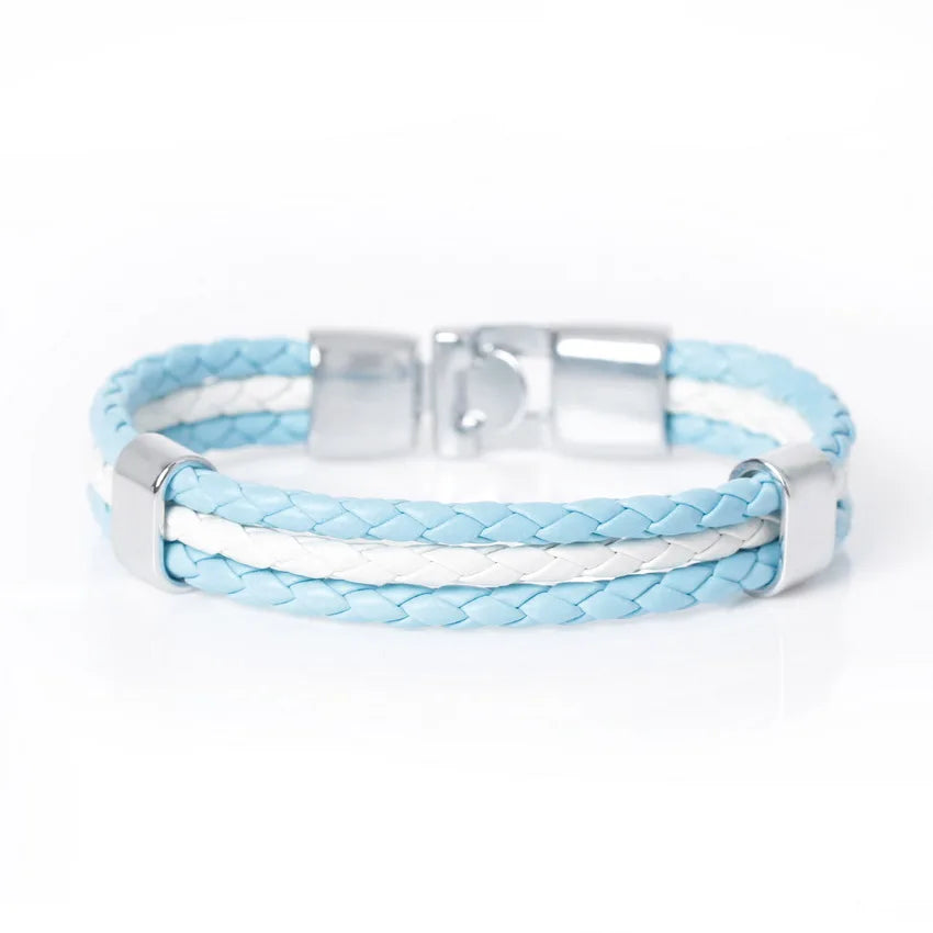 Light blue braided leather bracelet with silver clasp on a white background