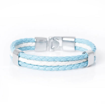 Light blue braided leather bracelet with silver clasp on a white background