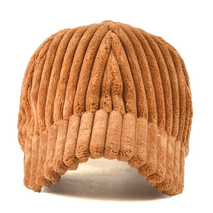 Brown ribbed knit beanie on a white background