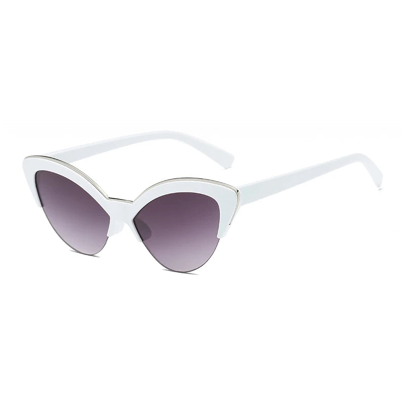 White cat-eye sunglasses with gradient purple lenses on a white background