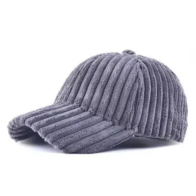 A grey ribbed corduroy baseball cap with a curved brim, shown on a plain white background.