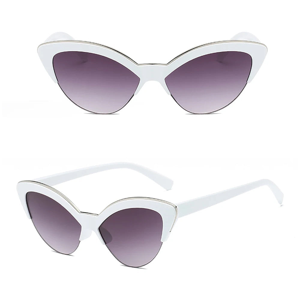 White cat-eye sunglasses with gradient grey lenses on a white background