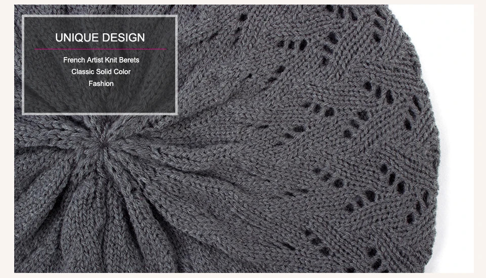 Grey knit beret with unique design on a white background