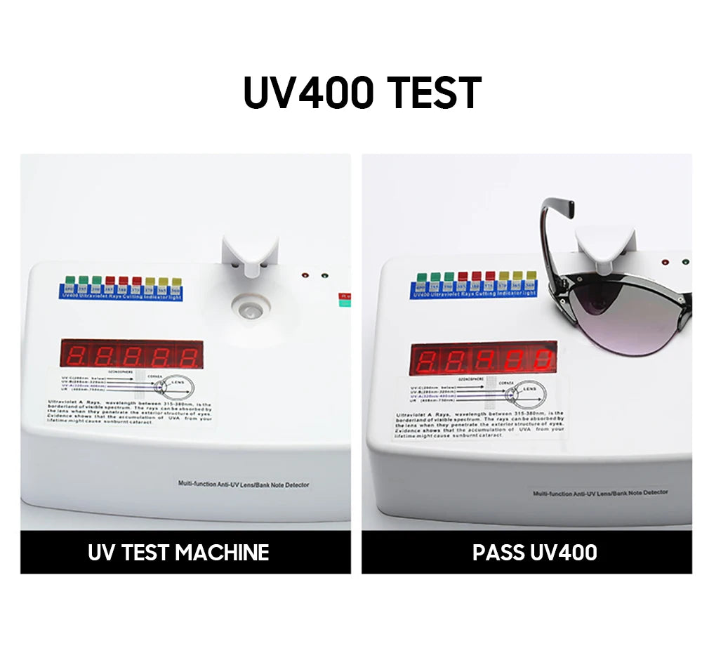 Two UV test machines with digital displays showing results, labeled 'UV Test Machine' and 'Pass UV400'.