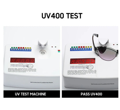 Two UV test machines with digital displays showing results, labeled 'UV Test Machine' and 'Pass UV400'.