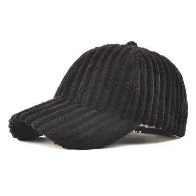 Black ribbed design corduroy baseball cap on a white background