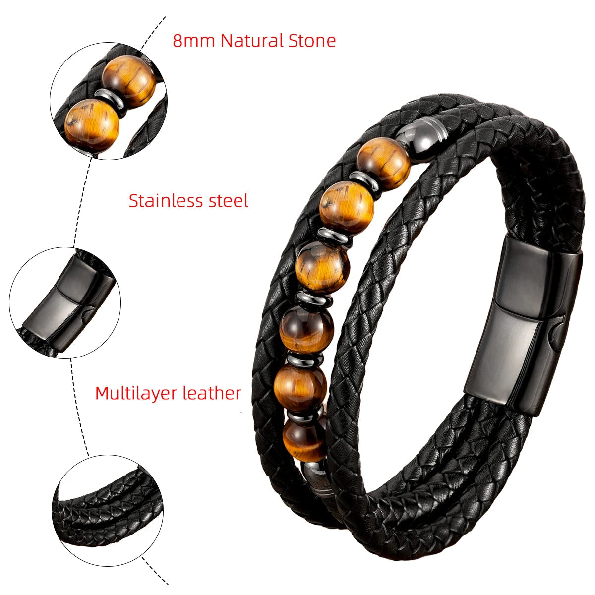 Black braided leather bracelet with natural stone beads on a white background