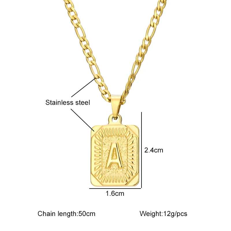 Gold necklace with a rectangular pendant labeled 'A', showing measurements and material details.