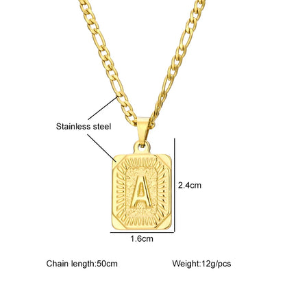 Gold necklace with a rectangular pendant labeled 'A', showing measurements and material details.