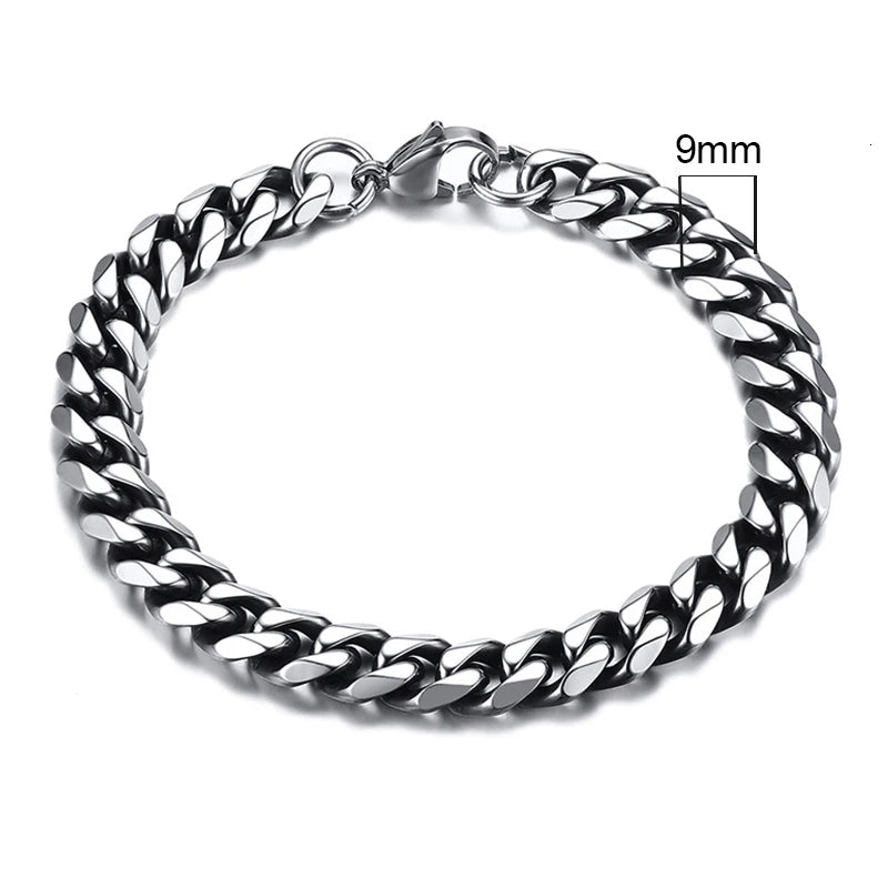 Curb Link Chain Stainless Steel Bracelet in Vintage Silver - 9mm