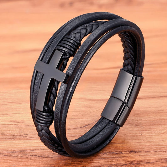 Braided Leather Cross Bracelet