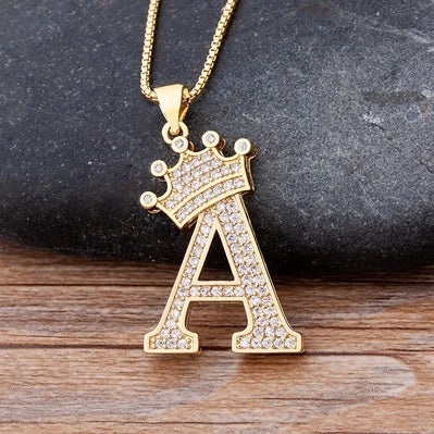 Cubic Zirconia Crown Initials Pendant Necklace