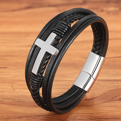 Braided Leather Cross Bracelet