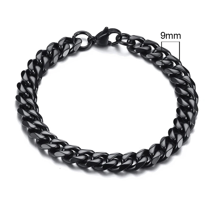 Curb Link Chain Stainless Steel Bracelet in Black - 9mm
