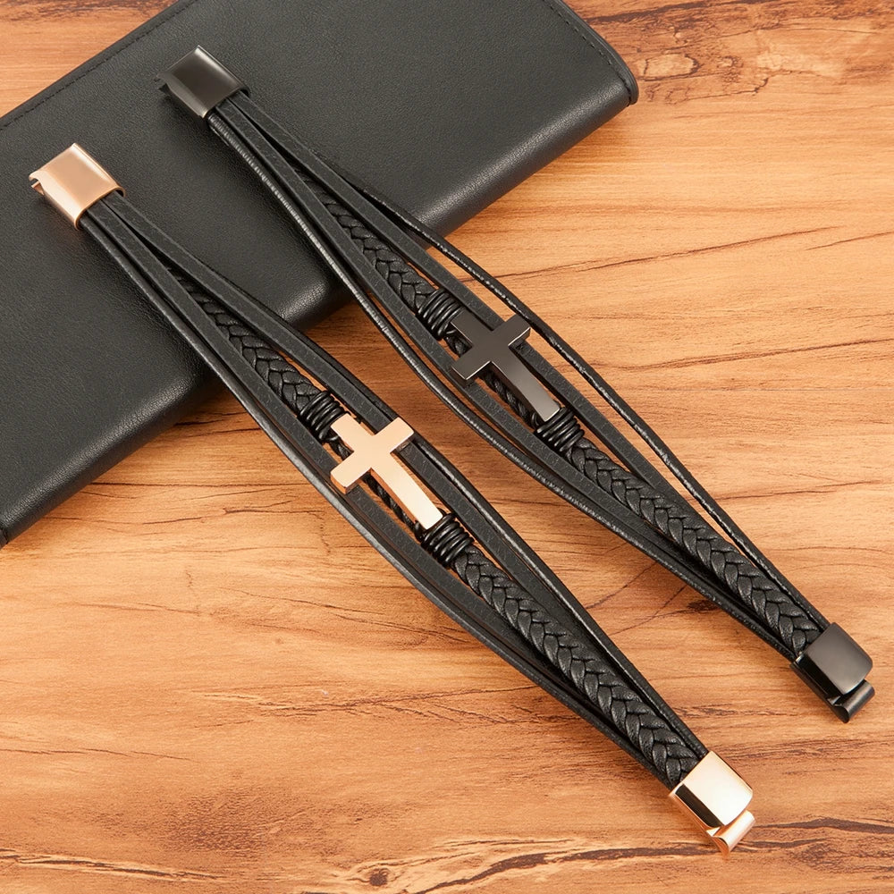 Braided Leather Cross Bracelet