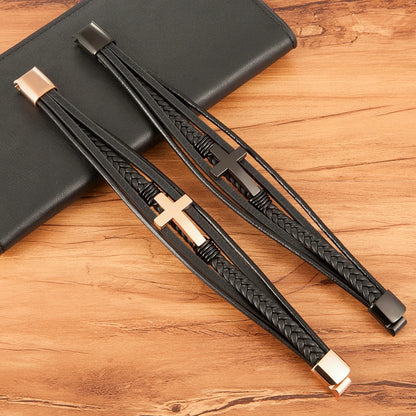 Braided Leather Cross Bracelet