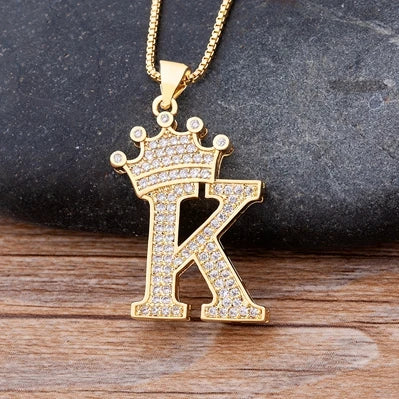 Cubic Zirconia Crown Initials Pendant Necklace
