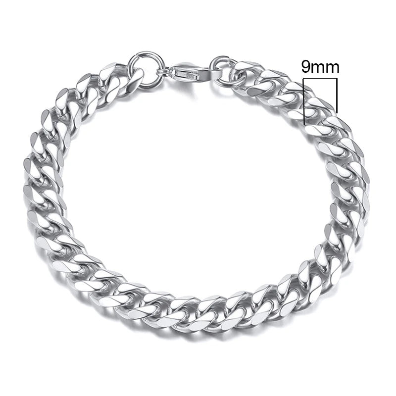 Curb Link Chain Stainless Steel Bracelet in Silver - 9mm