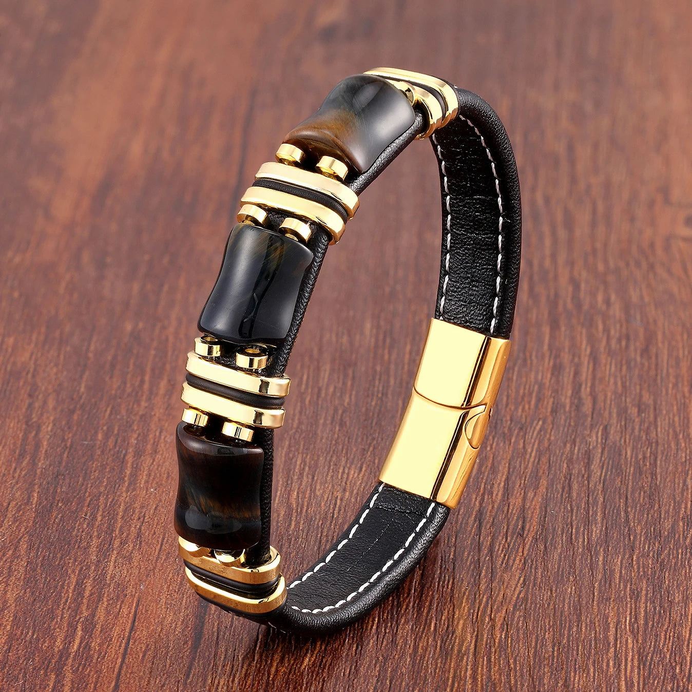 Natural Stone Tiger Eye Leather Bracelet