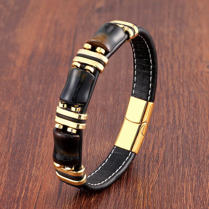 Natural Stone Tiger Eye Leather Bracelet
