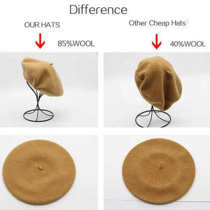 Comparison of a high-quality wool hat labeled 'Our Hats' with a cheaper hat labeled 'Other Cheap Hats' on a white background.