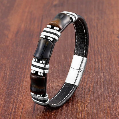 Natural Stone Tiger Eye Leather Bracelet