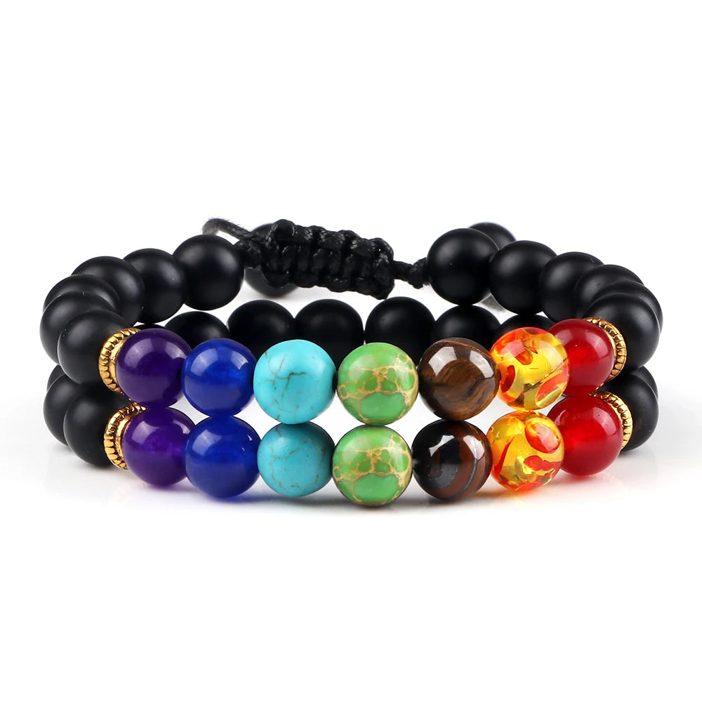 2Pcs Set - 7 Chakra Natural Stone Beaded Bracelets