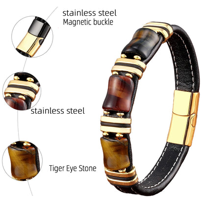 Natural Stone Tiger Eye Leather Bracelet