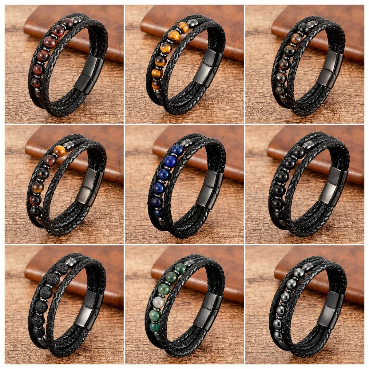 Collage of multiple bracelets with various bead colours on a wooden background