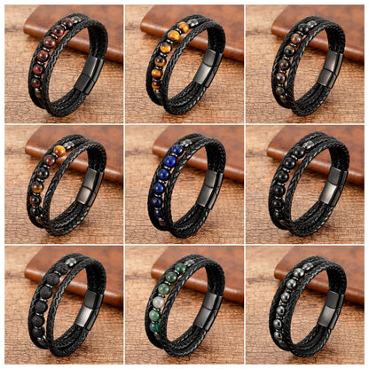 Collage of multiple bracelets with various bead colours on a wooden background