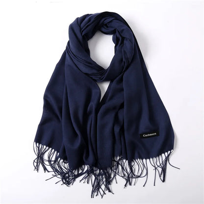 Navy blue scarf with fringes on a white background