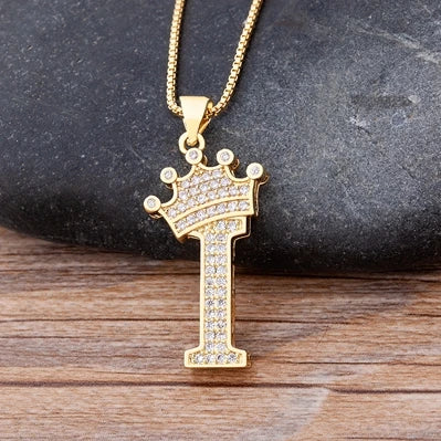 Cubic Zirconia Crown Initials Pendant Necklace