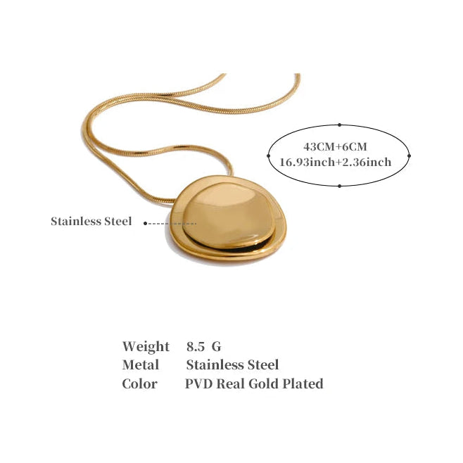 Gold necklace with measurement details on a white background