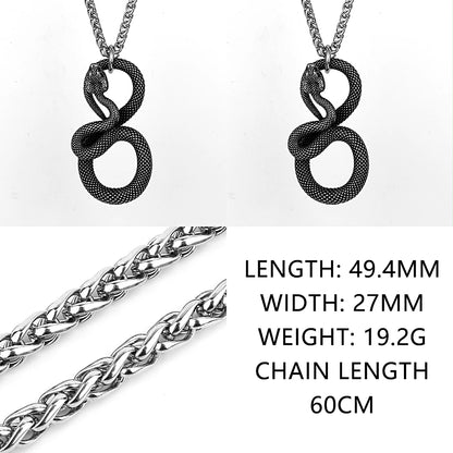 Two snake-shaped pendants on a white background with measurements.