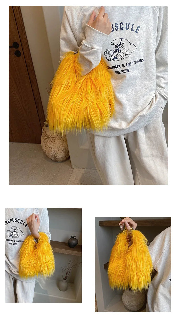 Person holding a fluffy yellow handbag with a neutral background
